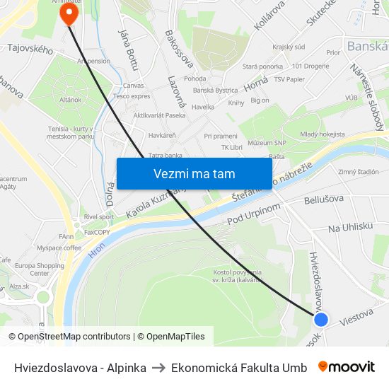 Hviezdoslavova - Alpinka to Ekonomická Fakulta Umb map