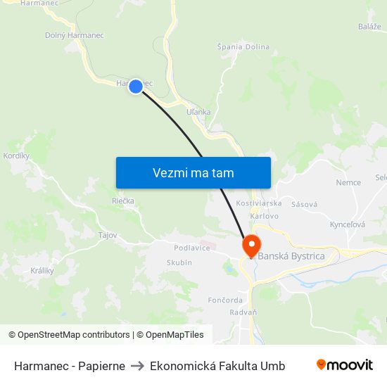 Harmanec - Papierne to Ekonomická Fakulta Umb map