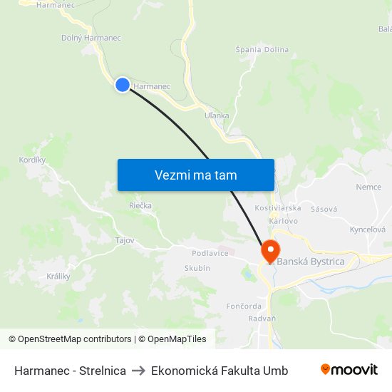 Harmanec - Strelnica to Ekonomická Fakulta Umb map