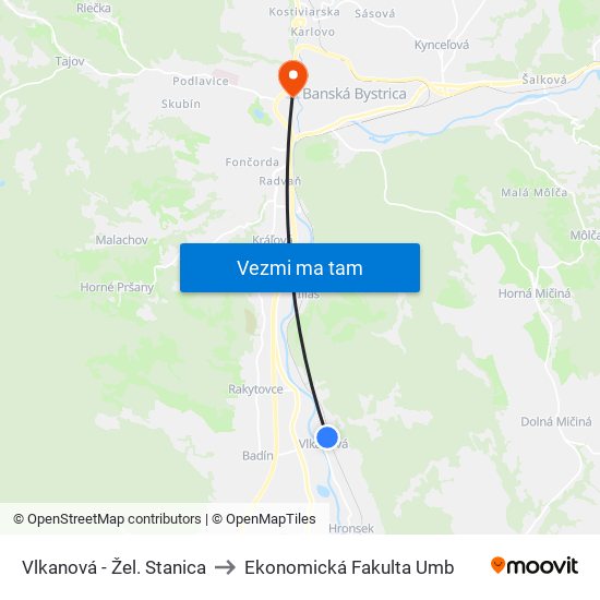 Vlkanová - Žel. Stanica to Ekonomická Fakulta Umb map