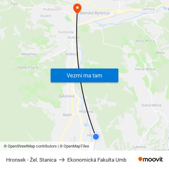 Hronsek - Žel. Stanica to Ekonomická Fakulta Umb map