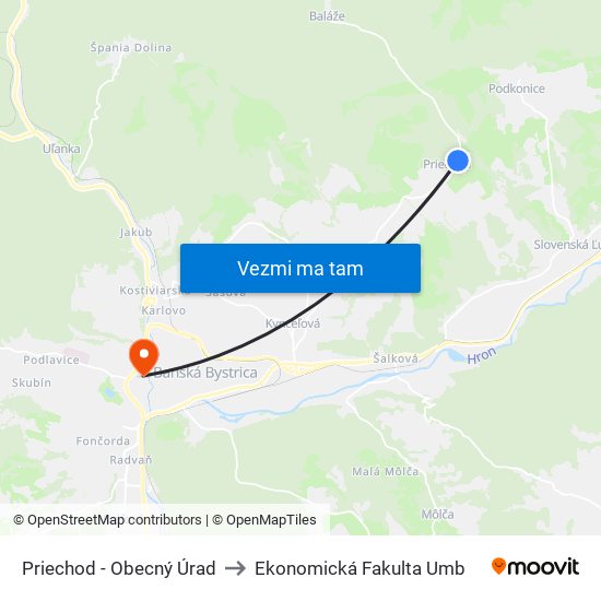 Priechod - Obecný Úrad to Ekonomická Fakulta Umb map