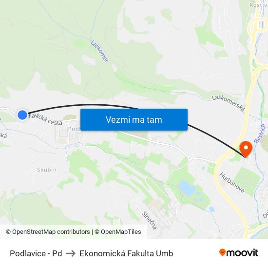 Podlavice - Pd to Ekonomická Fakulta Umb map