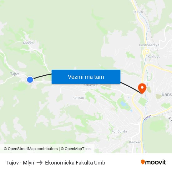 Tajov - Mlyn to Ekonomická Fakulta Umb map