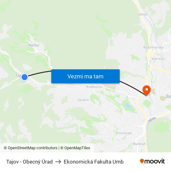 Tajov - Obecný Úrad to Ekonomická Fakulta Umb map