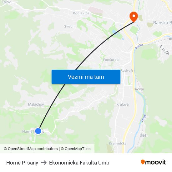 Horné Pršany to Ekonomická Fakulta Umb map