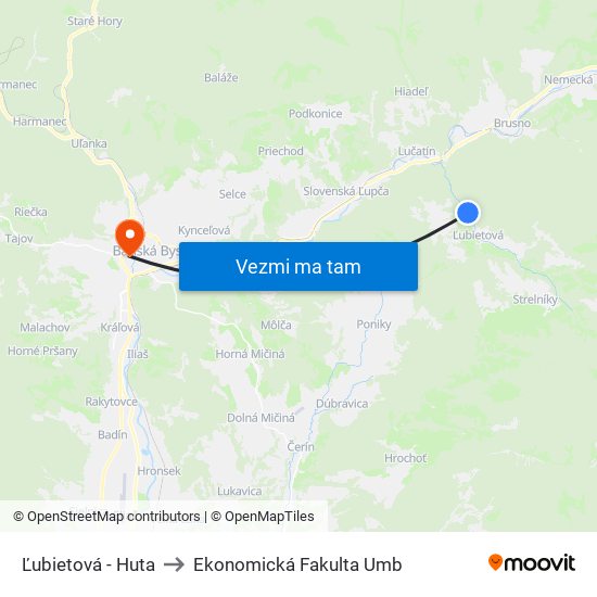 Ľubietová - Huta to Ekonomická Fakulta Umb map