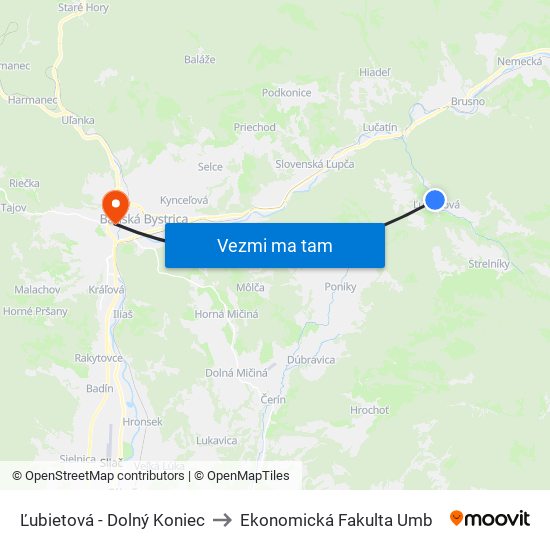 Ľubietová - Dolný Koniec to Ekonomická Fakulta Umb map