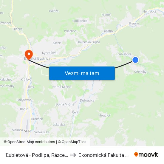 Ľubietová - Podlipa, Rázcestie to Ekonomická Fakulta Umb map