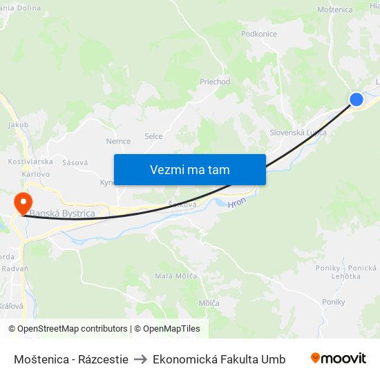 Moštenica - Rázcestie to Ekonomická Fakulta Umb map