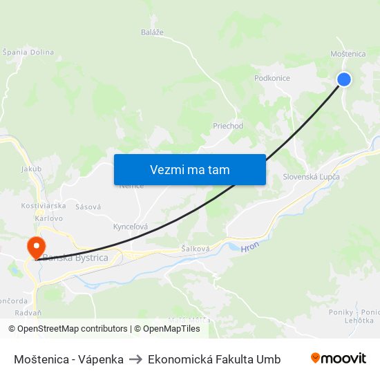 Moštenica - Vápenka to Ekonomická Fakulta Umb map