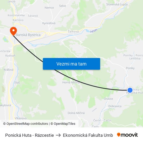 Ponická Huta - Rázcestie to Ekonomická Fakulta Umb map