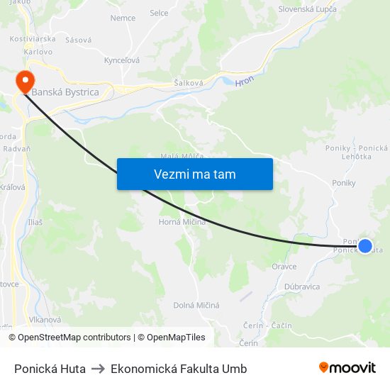 Ponická Huta to Ekonomická Fakulta Umb map