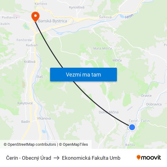 Čerín - Obecný Úrad to Ekonomická Fakulta Umb map