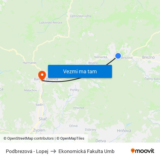 Podbrezová - Lopej to Ekonomická Fakulta Umb map