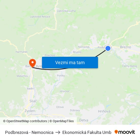 Podbrezová - Nemocnica to Ekonomická Fakulta Umb map