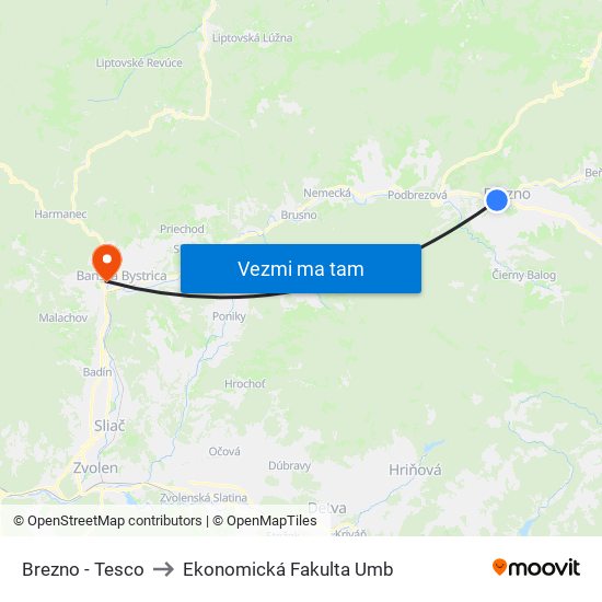 Brezno - Tesco to Ekonomická Fakulta Umb map