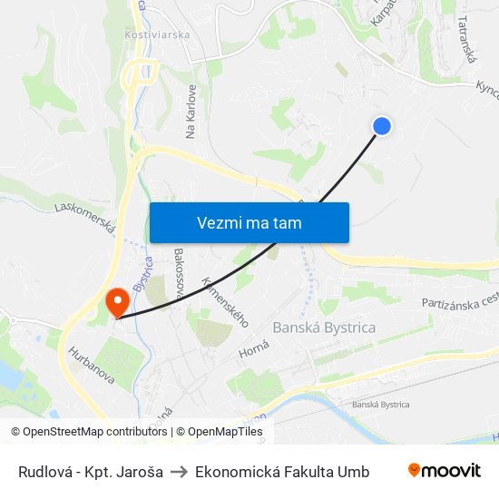 Rudlová - Kpt. Jaroša to Ekonomická Fakulta Umb map