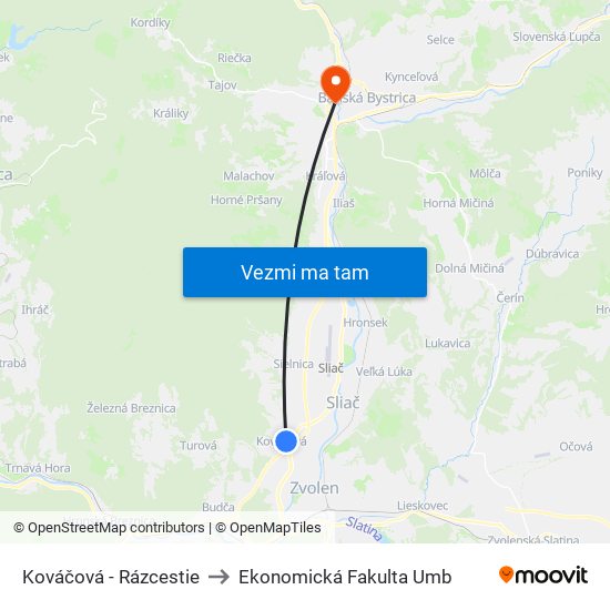 Kováčová - Rázcestie to Ekonomická Fakulta Umb map