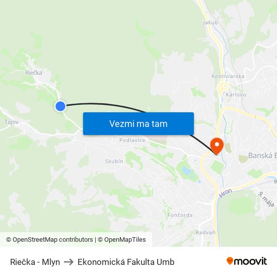 Riečka - Mlyn to Ekonomická Fakulta Umb map