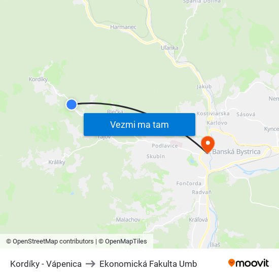 Kordíky - Vápenica to Ekonomická Fakulta Umb map