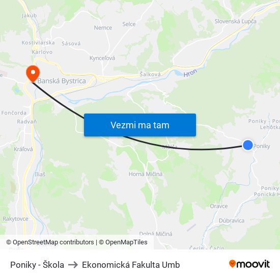 Poniky - Škola to Ekonomická Fakulta Umb map