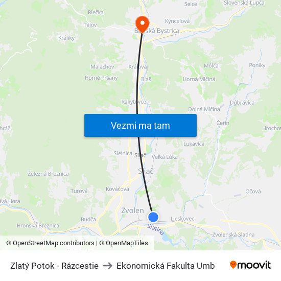 Zlatý Potok - Rázcestie to Ekonomická Fakulta Umb map