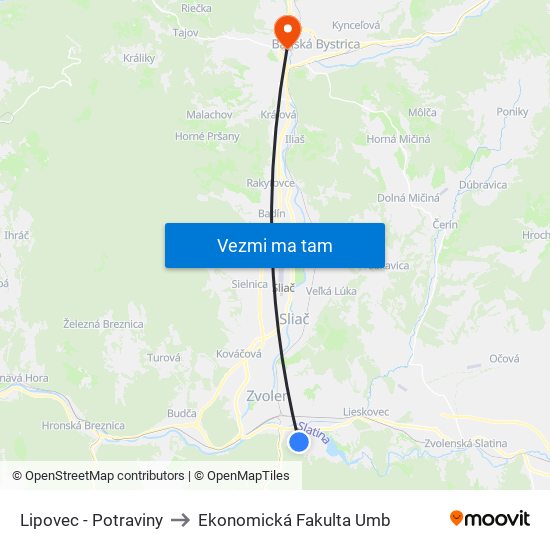 Lipovec - Potraviny to Ekonomická Fakulta Umb map