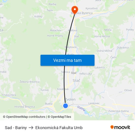 Sad - Bariny to Ekonomická Fakulta Umb map