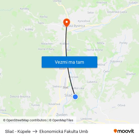 Sliač - Kúpele to Ekonomická Fakulta Umb map