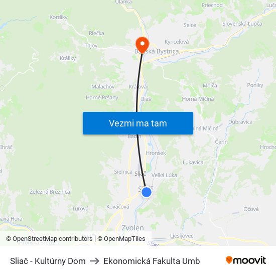 Sliač - Kultúrny Dom to Ekonomická Fakulta Umb map