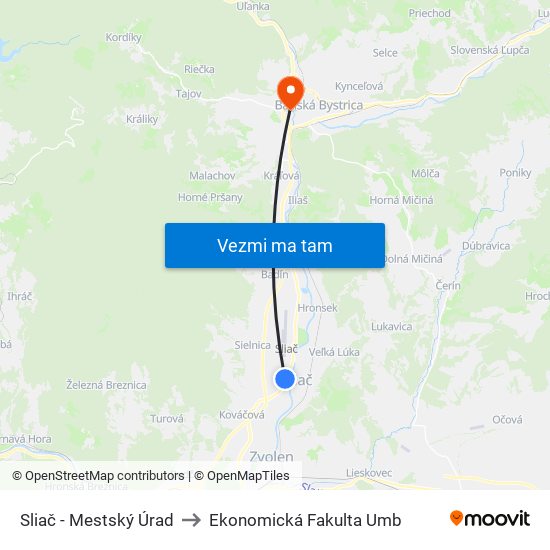 Sliač - Mestský Úrad to Ekonomická Fakulta Umb map