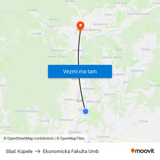 Sliač Kúpele to Ekonomická Fakulta Umb map