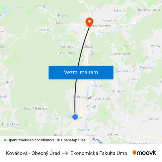 Kováčová - Obecný Úrad to Ekonomická Fakulta Umb map