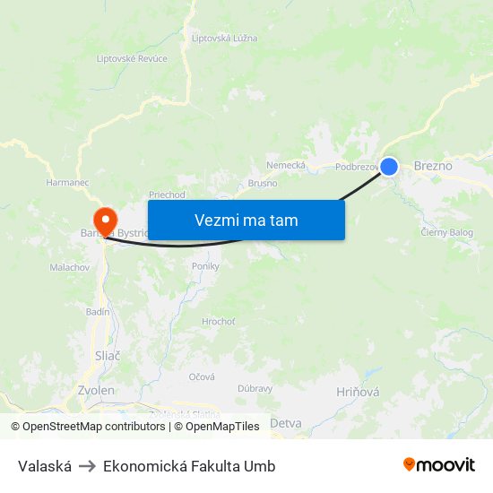 Valaská to Ekonomická Fakulta Umb map