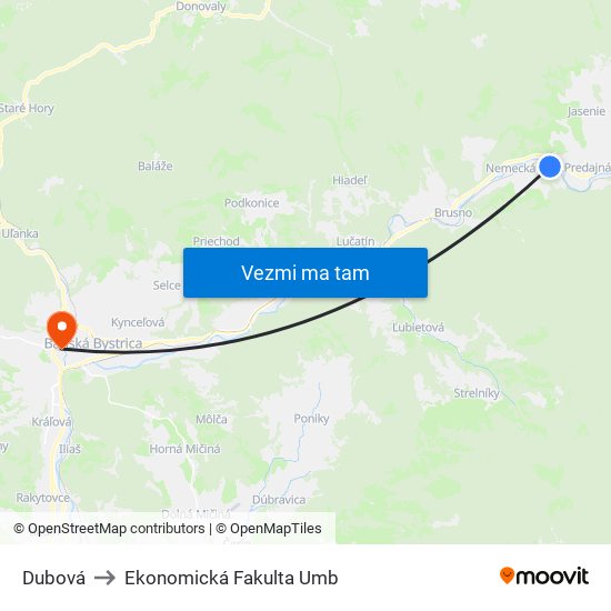 Dubová to Ekonomická Fakulta Umb map