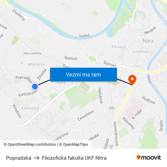 Popradská to Filozofická fakulta UKF Nitra map