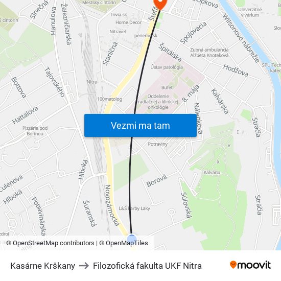 Kasárne Krškany to Filozofická fakulta UKF Nitra map