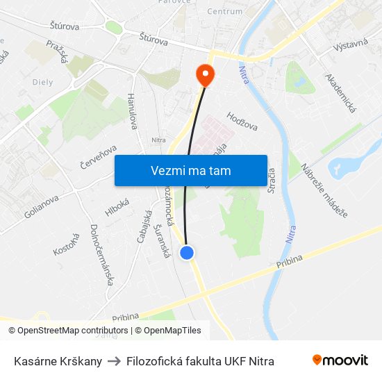 Kasárne Krškany to Filozofická fakulta UKF Nitra map