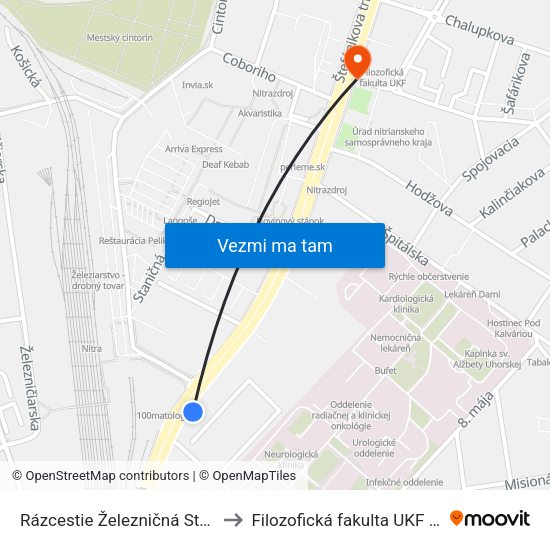 Rázcestie Železničná Stanica to Filozofická fakulta UKF Nitra map