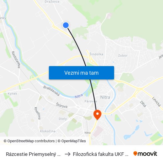 Rázcestie Priemyselný Park to Filozofická fakulta UKF Nitra map
