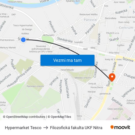 Hypermarket Tesco to Filozofická fakulta UKF Nitra map