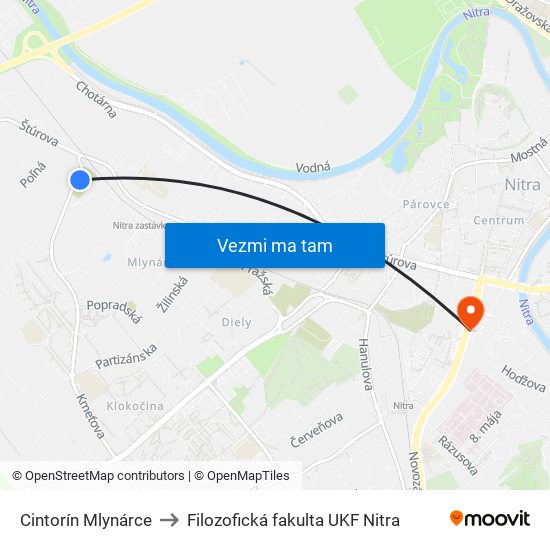 Cintorín Mlynárce to Filozofická fakulta UKF Nitra map