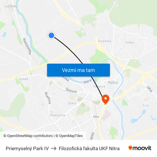 Priemyselný Park IV to Filozofická fakulta UKF Nitra map