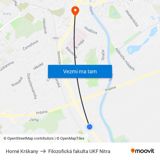 Horné Krškany to Filozofická fakulta UKF Nitra map