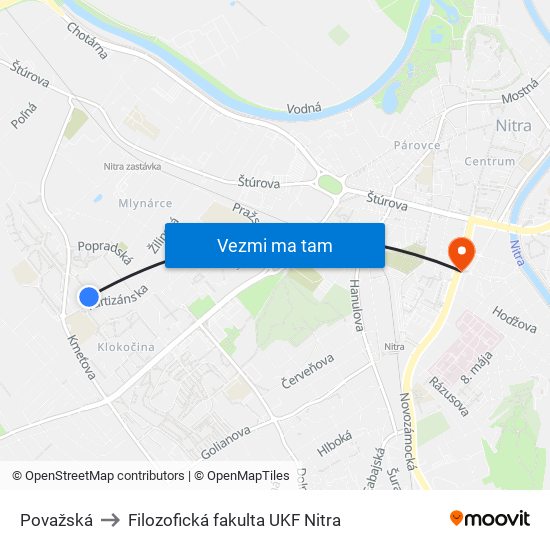 Považská to Filozofická fakulta UKF Nitra map