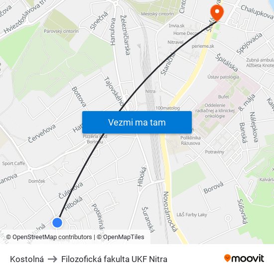 Kostolná to Filozofická fakulta UKF Nitra map