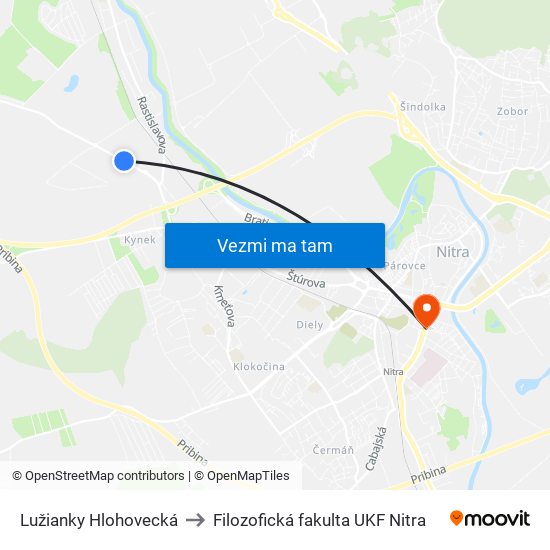 Lužianky Hlohovecká to Filozofická fakulta UKF Nitra map