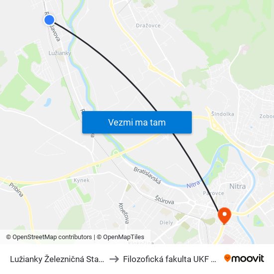 Lužianky Železničná Stanica to Filozofická fakulta UKF Nitra map