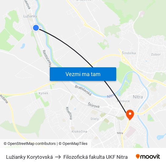 Lužianky Korytovská to Filozofická fakulta UKF Nitra map